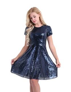 FEESHOW Frauen Glitzer Partykleid Cocktailkleid Paillettenkleider Skaterkleid A Linien Glänzende Festliche Hochzeitskleid Abend Festzug Sommerkleid Marineblau 38 von FEESHOW