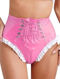 FEESHOW Frauen Lack Leder Latex Slip Shorts Sexy Ouvert Wetlook Hotpants Unterwäsche Dienstmädchen Kostüm Kurze Latexhose High Waist Rosa M von FEESHOW