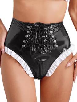 FEESHOW Frauen Lack Leder Latex Slip Shorts Sexy Ouvert Wetlook Hotpants Unterwäsche Dienstmädchen Kostüm Kurze Latexhose High Waist Schwarz 3XL von FEESHOW