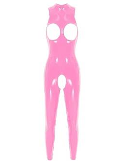 FEESHOW Frauen Lackleder Body Wetlook Catsuit Brust Und Schritt Offen Jumpsuit Latex Rubber Gummi Ganzanzug Party Clubwear A_Rosa L von FEESHOW