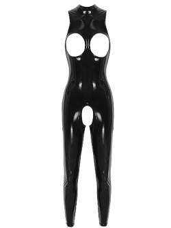 FEESHOW Frauen Lackleder Body Wetlook Catsuit Brust Und Schritt Offen Jumpsuit Latex Rubber Gummi Ganzanzug Party Clubwear A_Schwarz 3XL von FEESHOW