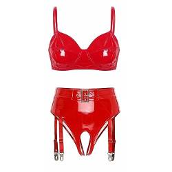 FEESHOW Frauen Wetlook Dessous BH Top Mini Slip G-String Set Lackoptik Bikini Thong High Cut Leder Lingerie Negligee Set Rot_M L von FEESHOW