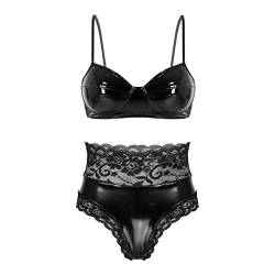 FEESHOW Frauen Wetlook Dessous BH Top Mini Slip G-String Set Lackoptik Bikini Thong High Cut Leder Lingerie Negligee Set Schwarz_E 4XL von FEESHOW