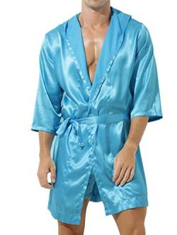 FEESHOW Herren Morgenmantel Lang Satin Bademantel V Ausschnitt Kimono Robe Ohne Shorts Mode Nachtwäsche Mantel Blau_E XL von FEESHOW