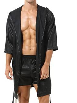 FEESHOW Herren Morgenmantel Lang Satin Bademantel V Ausschnitt Kimono Robe Ohne Shorts Mode Nachtwäsche Mantel Schwarz_E L von FEESHOW