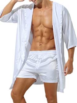 FEESHOW Herren Morgenmantel Lang Satin Bademantel V Ausschnitt Kimono Robe Ohne Shorts Mode Nachtwäsche Mantel Weiß_E L von FEESHOW