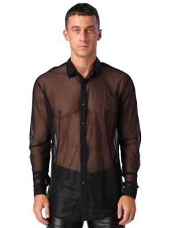 FEESHOW Herren Netz Hemd Durchsichtig Mesh Organza Shirt Top Langarmshirt Männer Sommer Strandhemd Party Clubwear Schwarz M von FEESHOW