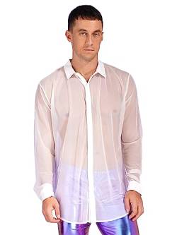 FEESHOW Herren Netz Hemd Durchsichtig Mesh Organza Shirt Top Langarmshirt Männer Sommer Strandhemd Party Clubwear Weiß L von FEESHOW