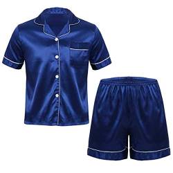 FEESHOW Herren Satin Nachtwäsche Pyjama Sommer Schlafanzug Kurzarm Shirt Oberteil Und Shorts Leicht Hausanzug Set Navy blau XXXL von FEESHOW