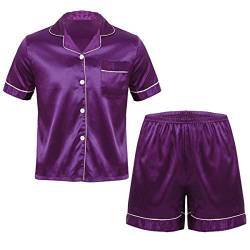 FEESHOW Herren Satin Nachtwäsche Pyjama Sommer Schlafanzug Kurzarm Shirt Oberteil Und Shorts Leicht Hausanzug Set Violett X-Large von FEESHOW