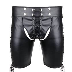 FEESHOW Herren Sexy Leder Shorts Ouvert Mit Schnüren Männer Wetlook Boxershorts Kunstleder Hose Unterhose Schritt Offen S-3XL Schwarz M von FEESHOW