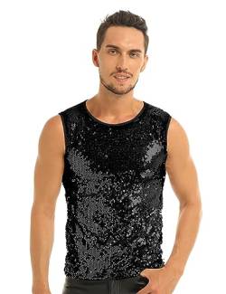 FEESHOW Herren Tank Top Glitzer Ärmelloses Glänzend Pailletten Shirt Unterhemd Sommer Disco Show Party Clubwear Schwarz Paillette M von FEESHOW