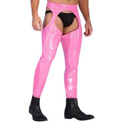 FEESHOW Herren Wetlook Leggings Ouvert Lackleder Glänzend Strumpfhose Tights Dessous Pants Party Clubwear Rosa_B L von FEESHOW