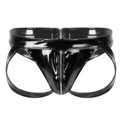 FEESHOW Herren Wetlook String Tanga Ouvert Jockstrap Männer Sexy Lackleder Unterwäsche Brief Hinten Offen Schwarz A Medium von FEESHOW