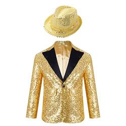 FEESHOW Jungen Anzugjacke Glitzer Festlich Hochzeit Smoking Blazer Kinder Glitzer Pailletten Jacke Mit Reverskragen Slim Fit Gold&Hut 158-164 von FEESHOW