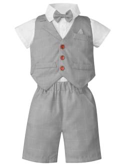 FEESHOW Kinder Baby Jungen Gentleman Anzug Kurzarm Hemd Weste Kurze Hosen Set Taufe Festlich Hochzeit Sommer Outtfit Bekleidung Set A_Grau 74-80/9-12 Monate von FEESHOW