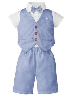 FEESHOW Kinder Baby Jungen Gentleman Anzug Kurzarm Hemd Weste Kurze Hosen Set Taufe Festlich Hochzeit Sommer Outtfit Bekleidung Set A_Himmelblau 104-110/4-5 Jahre von FEESHOW