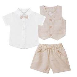 FEESHOW Kinder Baby Jungen Gentleman Anzug Kurzarm Hemd Weste Kurze Hosen Set Taufe Festlich Hochzeit Sommer Outtfit Bekleidung Set D_Beige 122-128/7-8 Jahre von FEESHOW