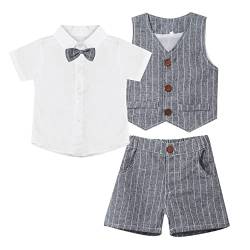 FEESHOW Kinder Baby Jungen Gentleman Anzug Kurzarm Hemd Weste Kurze Hosen Set Taufe Festlich Hochzeit Sommer Outtfit Bekleidung Set D_Grau 98-104/3-4 Jahre von FEESHOW