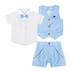 FEESHOW Kinder Baby Jungen Gentleman Anzug Kurzarm Hemd Weste Kurze Hosen Set Taufe Festlich Hochzeit Sommer Outtfit Bekleidung Set D_Himmelblau 98-104/3-4 Jahre von FEESHOW