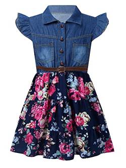 FEESHOW Kinder Baby Kleider Mädchen Sommer Blumendruck Jeanskleider Süße Blumen Prinzessin Kleider mit Bowknot Navy Blau_C 104-110 von FEESHOW