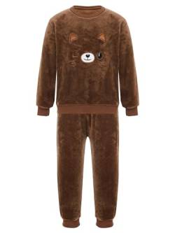 FEESHOW Kinder Flauschiger Schlafanzug Flanell Pyjama Set Jungen Mädchen Winter Warme Fleece Nachtwäsche Zweiteile Hauskleidung Braun-Katze_A 122-128 von FEESHOW