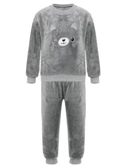 FEESHOW Kinder Flauschiger Schlafanzug Flanell Pyjama Set Jungen Mädchen Winter Warme Fleece Nachtwäsche Zweiteile Hauskleidung Grau-Katze_A 110-116 von FEESHOW