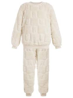 FEESHOW Kinder Flauschiger Schlafanzug Pyjama Set Jungen Mädchen Zweiteiler Winter Warme Fleece Nachtwäsche Hauskleidung Beige L 134-140 von FEESHOW