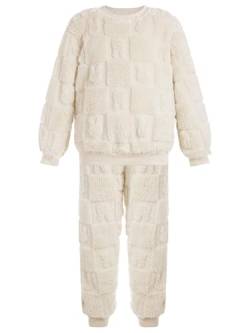 FEESHOW Kinder Flauschiger Schlafanzug Pyjama Set Jungen Mädchen Zweiteiler Winter Warme Fleece Nachtwäsche Hauskleidung Beige L 146-152 von FEESHOW