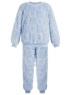 FEESHOW Kinder Flauschiger Schlafanzug Pyjama Set Jungen Mädchen Zweiteiler Winter Warme Fleece Nachtwäsche Hauskleidung Blau L 110-116 von FEESHOW