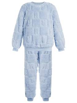 FEESHOW Kinder Flauschiger Schlafanzug Pyjama Set Jungen Mädchen Zweiteiler Winter Warme Fleece Nachtwäsche Hauskleidung Blau L 134-140 von FEESHOW