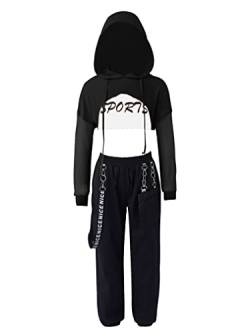 FEESHOW Kinder Hip Hop Street Dance Kleidung Tanzkostüm 3-teiliges Outfit für Mädchen Cropped Hoodie Tank Top Cargo Joggerhose Set Schwarz 128/8 Jahre von FEESHOW