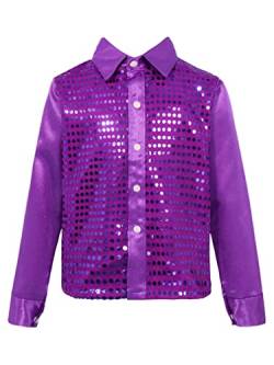 FEESHOW Kinder Jungen Pailletten Hemd Glitzer Disco Shirt Top Langarm Kinder Tanz Kostüm Jazz Party Performance Lila 104-110/4-5 Jahre von FEESHOW