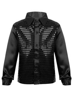 FEESHOW Kinder Jungen Pailletten Hemd Glitzer Disco Shirt Top Langarm Kinder Tanz Kostüm Jazz Party Performance Schwarz 128-140/8-10 Jahre von FEESHOW