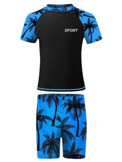 FEESHOW Kinder Jungen Rashguard Langarm/Kurzarm UV Schutz Badeset Shirt Badeshorts Badekappe Bademode Strandmode Swimsuit Blau_Y 140-152/10-12 Jahre von FEESHOW