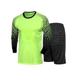 FEESHOW Kinder Jungen Torwarttrikot Fußball Training Outfit Gepolsterte Torwartshirts Shorts Protektorenhose Set Schwammschutz A_Neongrün 116-122/6-7 Jahre von FEESHOW