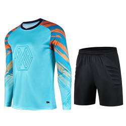 FEESHOW Kinder Jungen Torwarttrikot Fußball Training Outfit Gepolsterte Torwartshirts Shorts Protektorenhose Set Schwammschutz B_Blau 140-152/10-12 Jahre von FEESHOW