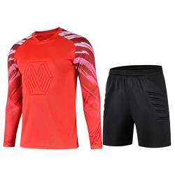 FEESHOW Kinder Jungen Torwarttrikot Fußball Training Outfit Gepolsterte Torwartshirts Shorts Protektorenhose Set Schwammschutz B_Rot 164-176/14-16 Jahre von FEESHOW