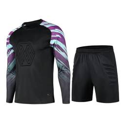 FEESHOW Kinder Jungen Torwarttrikot Fußball Training Outfit Gepolsterte Torwartshirts Shorts Protektorenhose Set Schwammschutz B_Schwarz 140-152/10-12 Jahre von FEESHOW