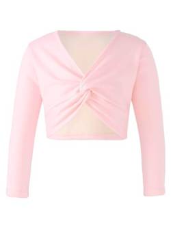 FEESHOW Kinder Mädchen Ballett Wickeljacke Langarm Wärme Samt Fleece Ballettjacke Gymnastik Tanz Strickjacke Pullover Top Ballettkleidung Rosa 134-140 von FEESHOW