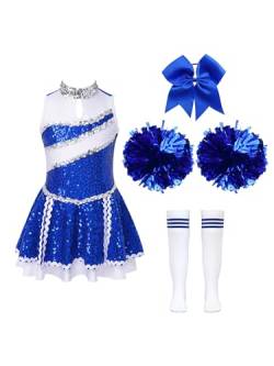 FEESHOW Kinder Mädchen Cheerleading Kleid Glänzend Cheer Uniform Kleid Pompoms Socken Strümpfe Tanzpuschel Armband Set Typ_S_Blau 134-140 von FEESHOW