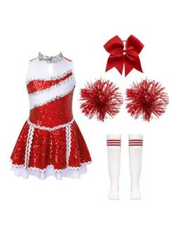 FEESHOW Kinder Mädchen Cheerleading Kleid Glänzend Cheer Uniform Kleid Pompoms Socken Strümpfe Tanzpuschel Armband Set Typ_T_Rot 134-140 von FEESHOW