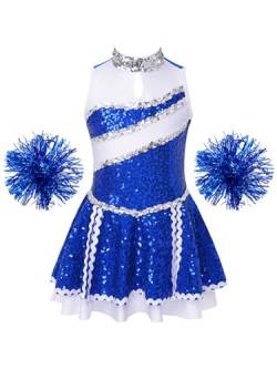 FEESHOW Kinder Mädchen Cheerleading Kleid Glänzend Cheer Uniform Kleid Pompoms Socken Strümpfe Tanzpuschel Armband Set Typ_U_Königsblau 146-152 von FEESHOW