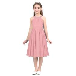 FEESHOW Kinder Mädchen Festliche Chiffon Kleider Hochzeit Blumenmädchenkleid Neckholder Prinzessin Kleid Abendkleid Partykleid für Cocktail Geburtstag Festzug Rosa 140/10 Jahre von FEESHOW