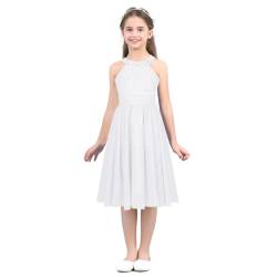 FEESHOW Kinder Mädchen Festliche Chiffon Kleider Hochzeit Blumenmädchenkleid Neckholder Prinzessin Kleid Abendkleid Partykleid für Cocktail Geburtstag Festzug Weiß 128/8 Jahre von FEESHOW