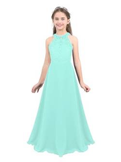 FEESHOW Kinder Mädchen Festliches Kleid Neckholder Spitze Chiffon Kleid A-Linie Hochzeit Party Abendkleid Festzug Geburtstag Ballkleid Maxi Minzgrün 158-164 von FEESHOW