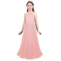 FEESHOW Kinder Mädchen Festliches Kleid Neckholder Spitze Chiffon Kleid A-Linie Hochzeit Party Abendkleid Festzug Geburtstag Ballkleid Maxi Rosa 164/14 Jahre von FEESHOW