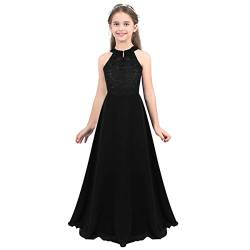 FEESHOW Kinder Mädchen Festliches Kleid Neckholder Spitze Chiffon Kleid A-Linie Hochzeit Party Abendkleid Festzug Geburtstag Ballkleid Maxi Schwarz 176/16 Jahre von FEESHOW