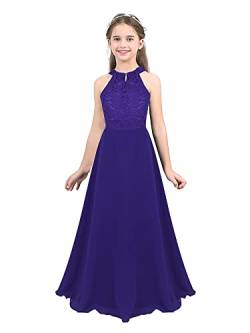 FEESHOW Kinder Mädchen Festliches Kleid Neckholder Spitze Chiffon Kleid A-Linie Hochzeit Party Abendkleid Festzug Geburtstag Ballkleid Maxi Violett E 146-152 von FEESHOW