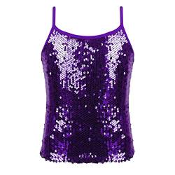 FEESHOW Kinder Mädchen Glitzernde Tank Top Pailletten Oberteil mit Spaghettiträger Tanz Shirt Dancewear Atmungsaktiv Violett 134-140/9-10 Jahre von FEESHOW